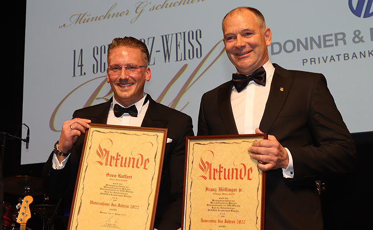 Sven Ruffert, Unternehmer des Jahres 2022, Franz Höflinger jr. Newcomer des Jahres 2022: CSU Schwarz-Weiss Ball Münchner G'Schichten im Festsaal des Paulaner am Nockherberg am 21.01.2023 (©Foto: Martin Schmitz)